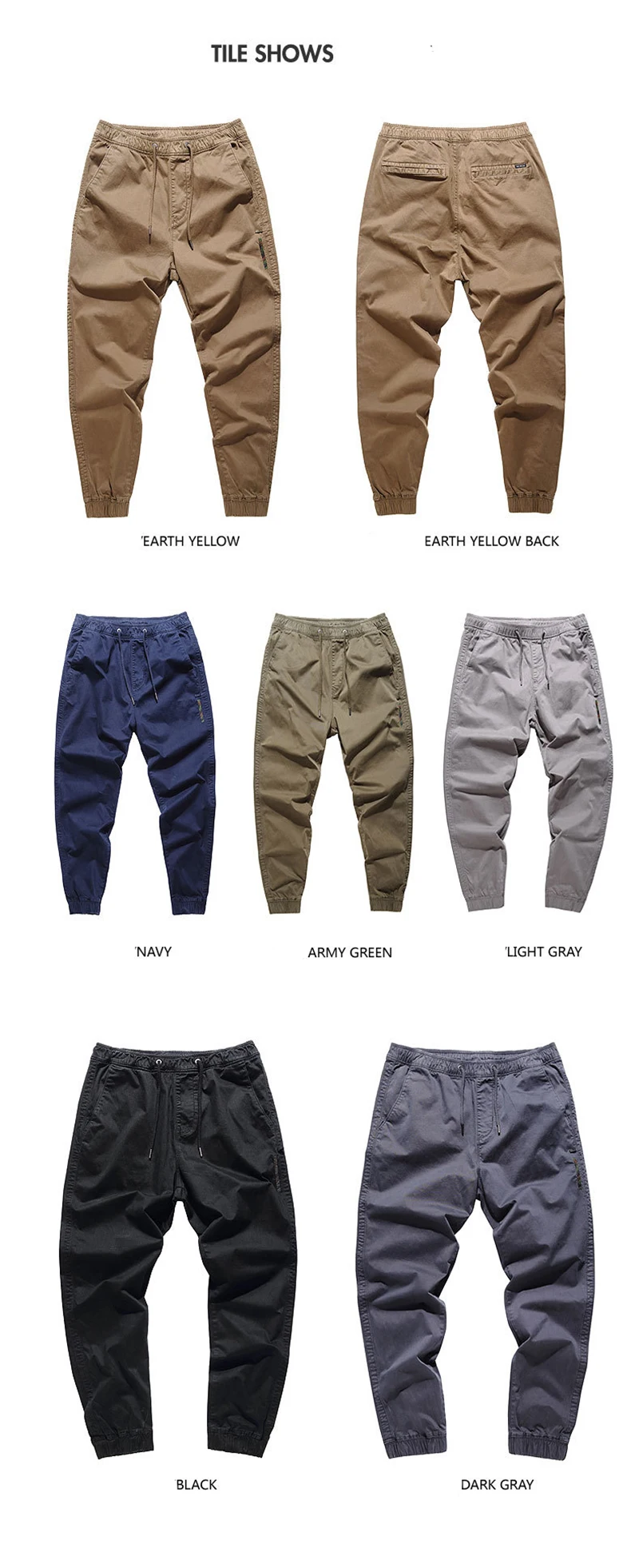 Mens Casual Pants Pure Cotton Solid-color Drawstring Elastic Waist Trousers Windproof Soft Fashion Mens Pant Autumn Winter