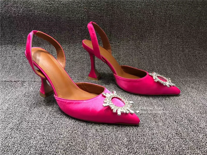 Luxury Satin Cup Heel Sandalias Mujer Sexy Back Strap Pointed Toe Crystal Buckle Individual High Heel Summer Sandals Women - Цвет: Rose