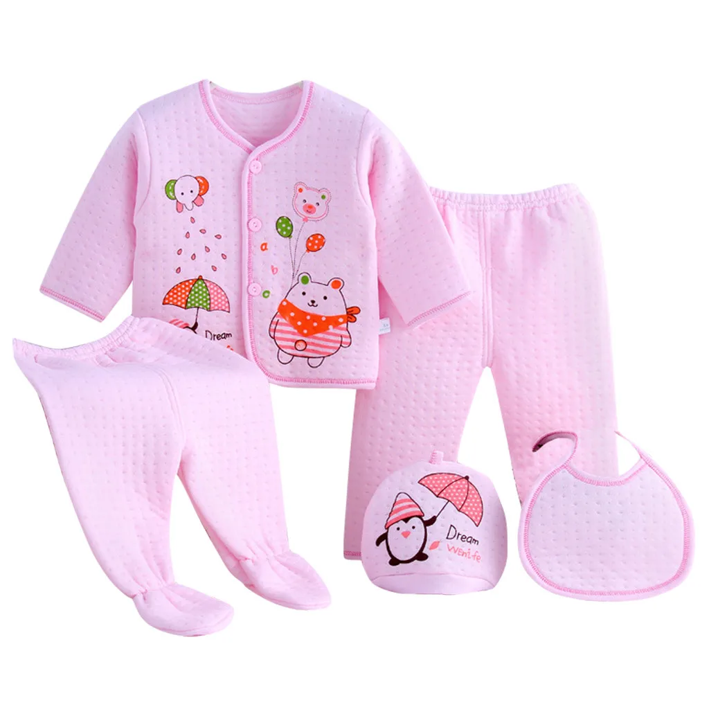 Pink Комплект одежды из 5 предметов для новорожденных мальчиков и девочек, топы с длинными рукавами с героями мультфильмов+ шапка+ штаны+ комбинезон, нижнее белье, одежда для малышей, костюм унисекс - Цвет: Pink