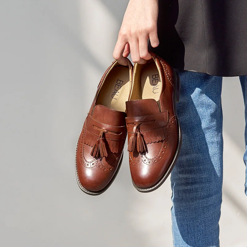 BeauToday mocasines con flecos mujer, zapatos planos informales con punta redonda y Brogue de Piel De Becerro auténtica, hechos a mano, 27077|shoes shoesoxfords women - AliExpress