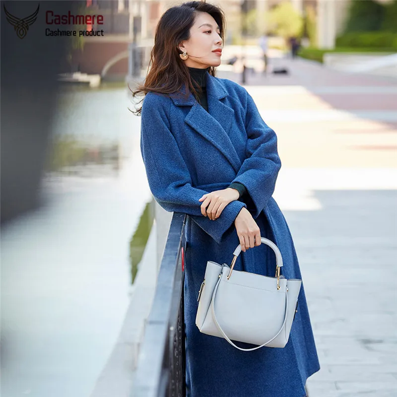 Пальто из шерсти альпаки женское осеннее и зимнее Новое шелковое темпераментное длинное шерстяное пальто куртка женское синее теплое пальто
