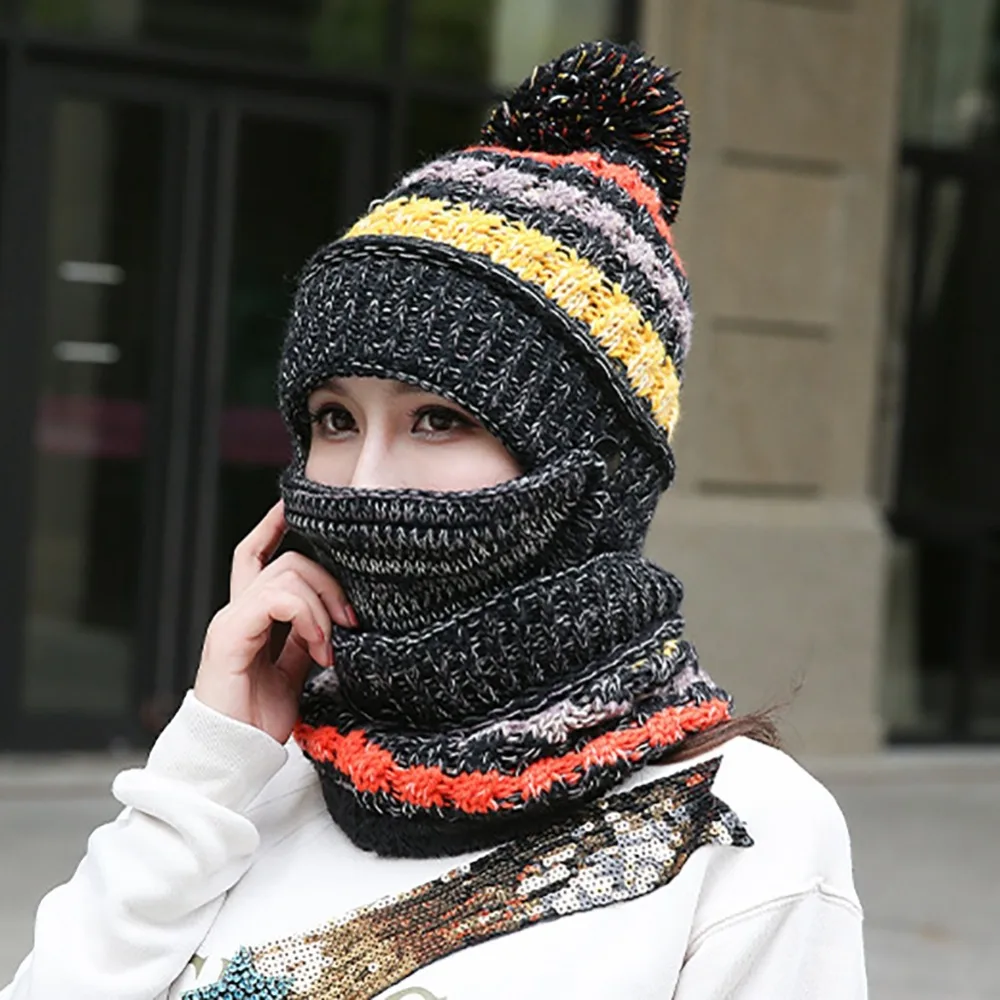 Beanie Hat Scarf Face Mask Set Thick Patchwork Detachable Knitted Cap Neck Warmer Headwear New