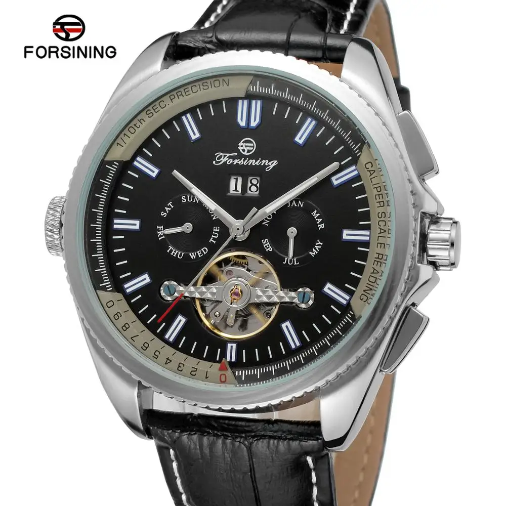 Forsining Navigator серия черные кожаные Tourbillon часы синий циферблат Календарь дисплей