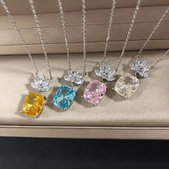 

2019 Simple Personality Blue Pink Crystal Pendant Necklace for Women Korean Style S925 Sterling Silver 5A Zircon Jewelry Gifts