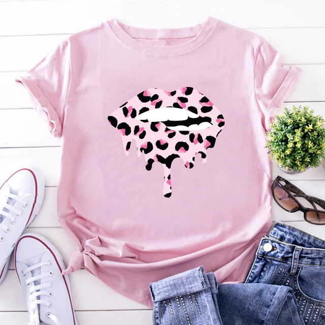Summer Fashion Shirt Lips Leopard Graphic T Shirt Women Harajuku Tops  O-neck 4 colors Tee Kiss Lip Funny Girls  T-shirt Lips 5 Pink