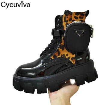 

Desginer Pocket Chelsea Ankle Books For Women Lace Up Flat Knight Boots Luxury Brand Shoes Platform Patent Leather Short Boots