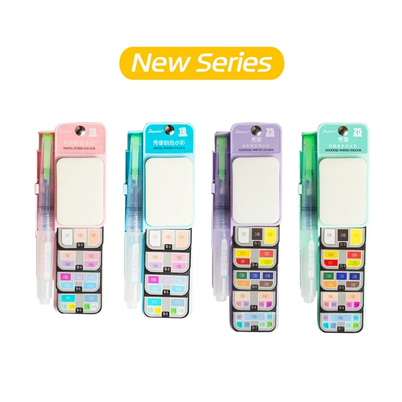 Juego de acuarelas para estudiantes, pinturas de pigmento portátiles con pincel de agua de Color brillante para exteriores, 18/25 colores, nuevo estilo