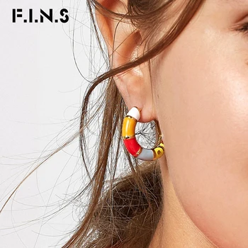 

F.I.N.S Two-colors Rainbow Colorful Enameled Small Hoop Earrings Jewelry Gold Color Cooper Round Earring Christmas Gifts