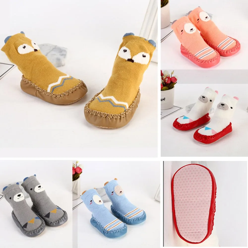 Детские толстые теплые нескользящие носки с рисунками животных для маленьких девочек и мальчиков; тапочки для девочек; обувь для первых шагов; нескользящая детская обувь