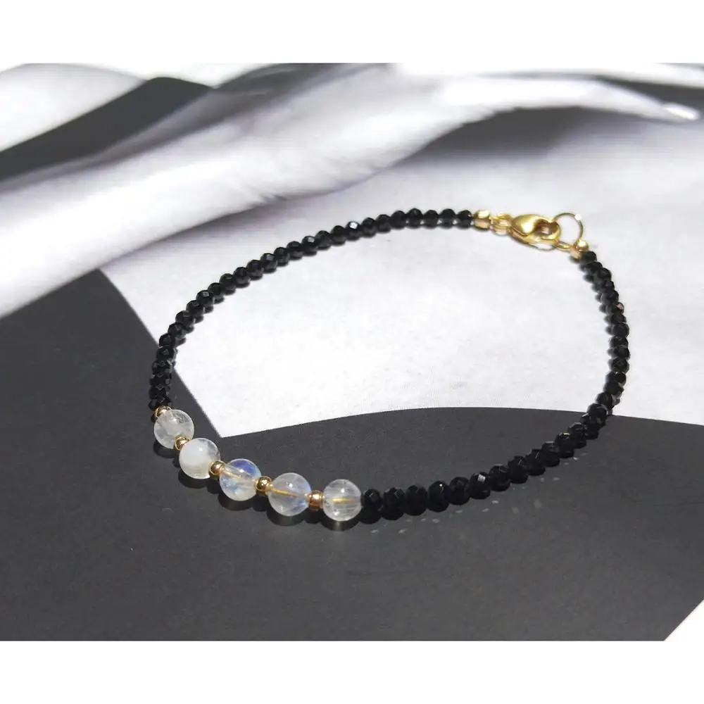 

Lii Ji Natural 3mm Moonstone With 2mm Black Spinel American 14K Gold Filled Bracelet