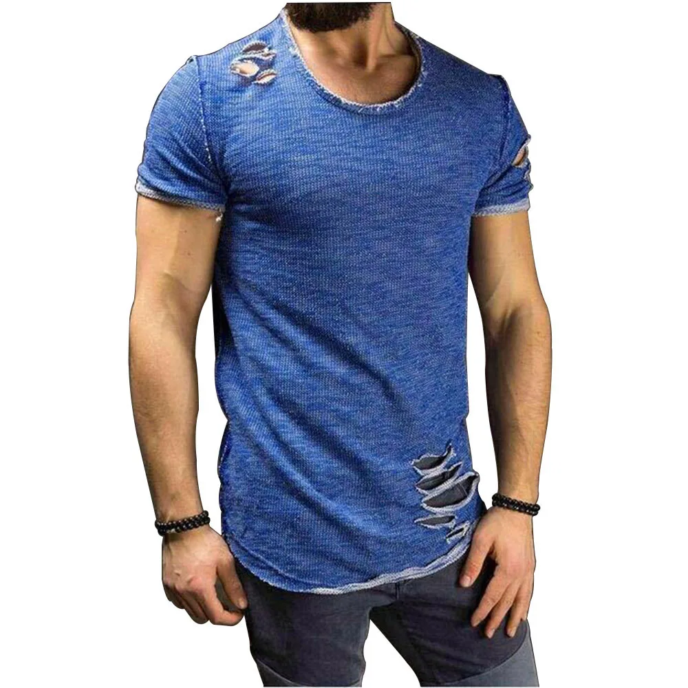 Men's Slim Fit O Neck Short Sleeve Muscle Tee T-shirt Ripped Casual Tops Blouse