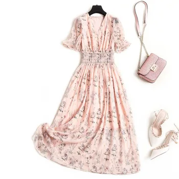 

2020 Summer New Women French Vintage Print Chiffon Dresses V-Neck Lantern Sleeve Midi Dress Elastic Waist Ruffled Dress