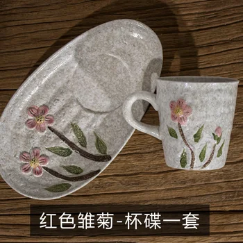 

Flower Creative Coffee Cup with Handle Japan Vintage Porcelain Gray Tea Cup Set Milk Mate Espresso Tasse Home Container LL50CC