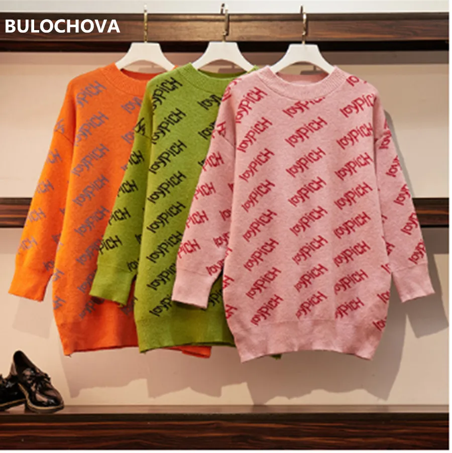 Women's Pullovers Print Letter Lazy Loose Sweater Tops 2019 Newest Autumn Women Long Sleeve Runway big Size Knitted Sweaters 4XL | Женская