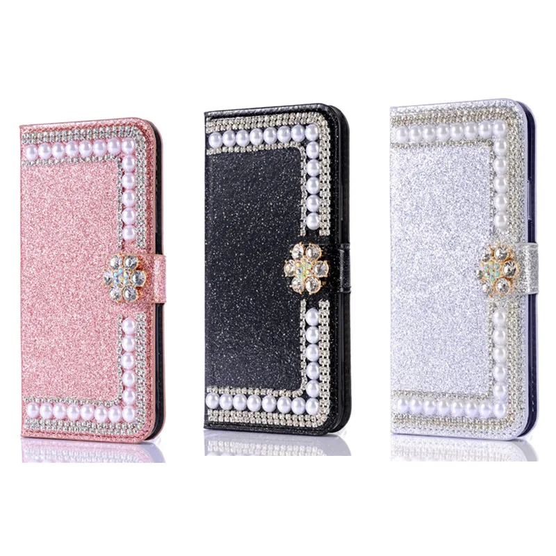 Shiny Rhinestone Pearl Card Slot Wallet Flip Leather Case For XiaoMi Redmi Note 9 Pro Max 9S Note 8 7 Pro Redmi 9A Poco X3 NFC