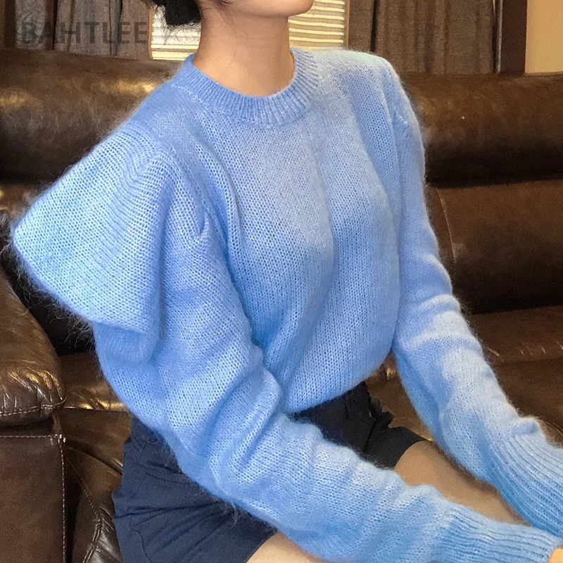 BAHTLEE Women Mohair Short Pullover O-Neck Sweater