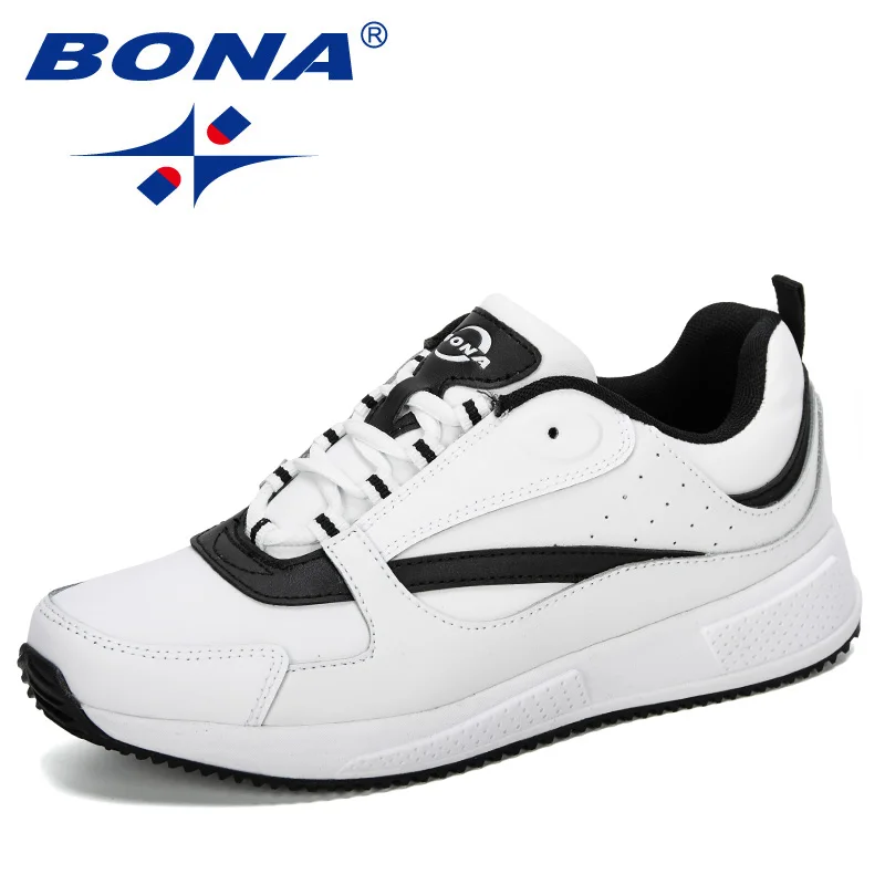 BONA новые дизайнерские Популярные кроссовки мужские легкие дышащие кроссовки мужские спортивные уличные беговые кроссовки мужские удобные - Цвет: White black