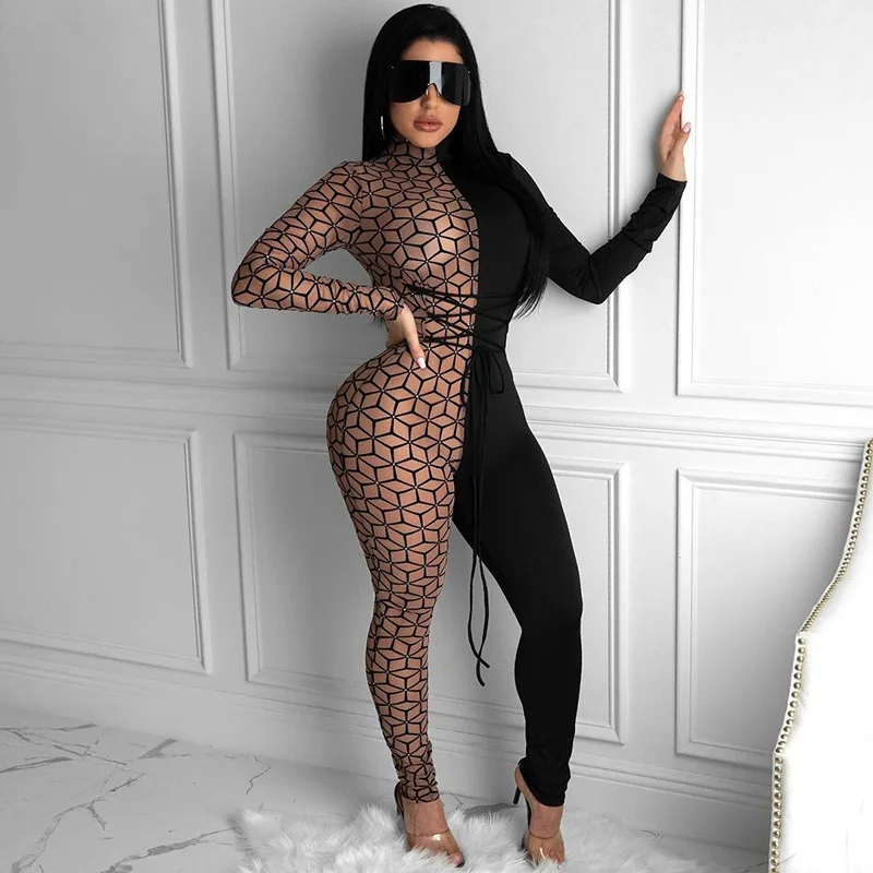 

Echoine Sheer Mesh Patchwork Print Lace Up Cross Sexy Skinny Bodycon Jumpsuit Women Playsuit LOng Sleeve Club Outfits Streetwear
