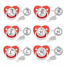 Chupete con letra inicial con nombre rojo, pezón de silicona sin BPA, chupetes de bebé recién nacido, Clip de cadena, pezones falsos con tapa