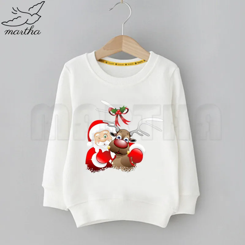 Santa Deer Merry Christmas Kids Funny Print Sweatshirt Solid Color Hoodies Fashion Boys Girls Long Sleeve Hoodies StreetWear
