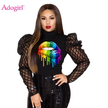 

Adogirl Plaid Sequins Sheer Mesh Puff Long Sleeve Fashion Tops Women Lip Print Turtleneck Slim T Shirt Casual Clothing Outfits
