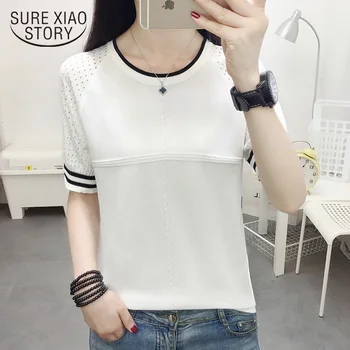 

Women Silk Cotton Base Shirt Fashion 2020 Summer Short Sleeve Loose Hollow Out Solid Blouse Womens Tops and Blouses 8647 50