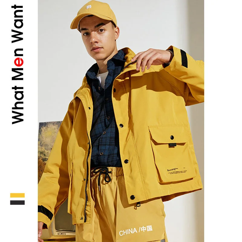 

IVRESSE Black Patchwork Yellow Letter Print Jackets Men Button Drawstring Zipper Loose Outerwear Male Fashion Casual Cargo Coats