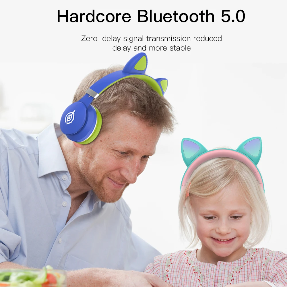 Bluetooth Earphones Cat Ears headphones Gift for Child with LED Support TF card Cute Earphone Wireless Earphone LED Headphones