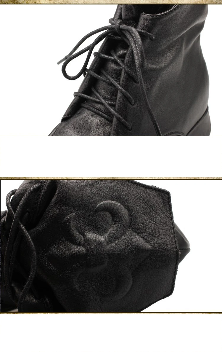 Зимние черные ботинки из натуральной коровьей кожи; женская Винтажная обувь на плоской подошве со шнуровкой; зимняя теплая обувь ручной работы; женская обувь; 19