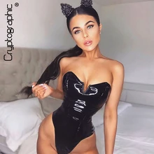 Cryptographic Strapless PU Leather Women Bodysuit Sexy Sleeveless Rompers Skinny Party Club Body Mujer Black V-Neck Female Tops
