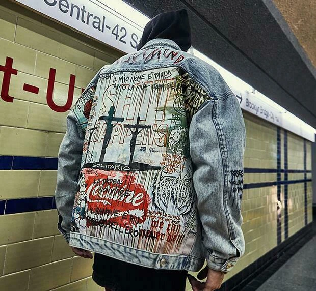 Chaqueta vaquera con estampado pintado a mano para y mujer, abrigos sueltos con estampado de grafiti de animados - AliExpress