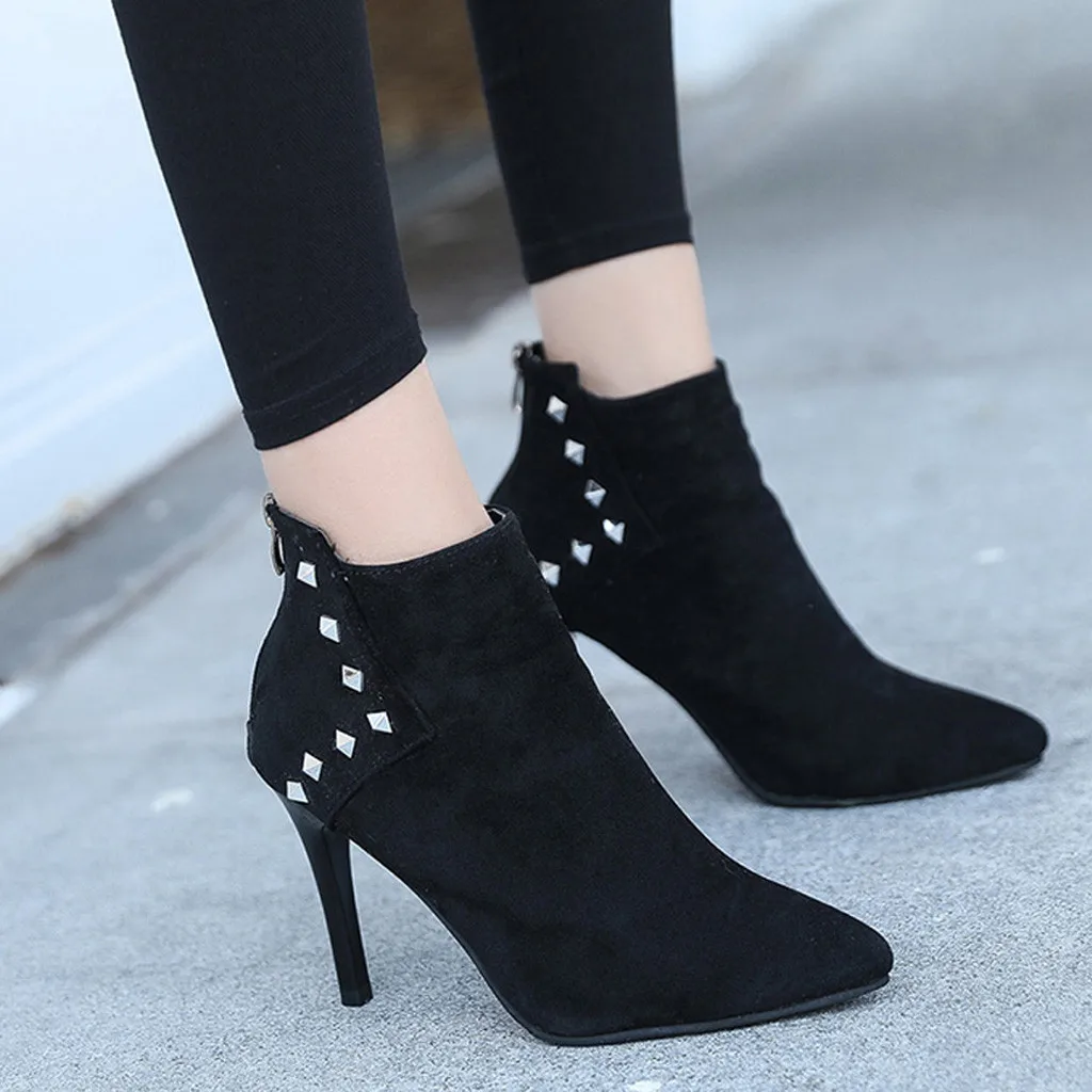 

Women Ladies Fashion Ankle Pointed Toe Rivet Short Boots Casual Thin Heels Shoes high heels sexy shoes woman botas mujer #smt