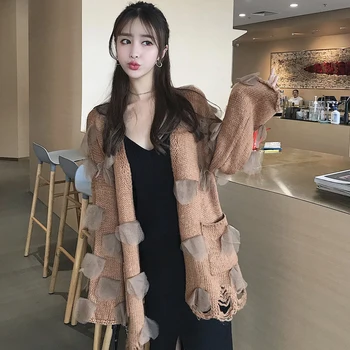 

Chic Women Girls Ripped Holes Knitted Long Sleeves Loose Cardigans Sweater C432