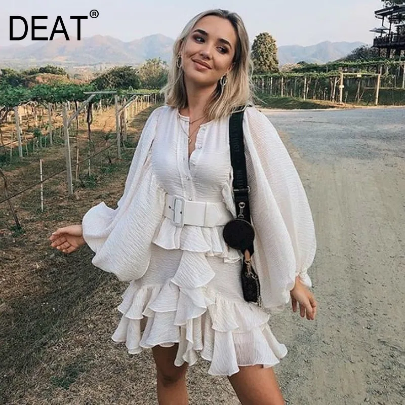 

DEAT 2020 New Spring Summer Round Collar Solid Color Lantern Sleeve Multilevel Pleated Dress Women Casual Popular Clothes PD840