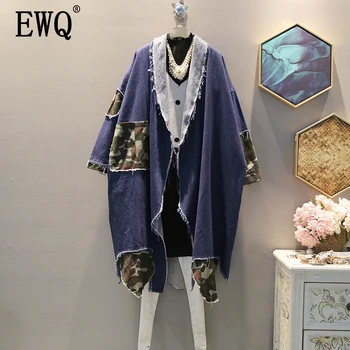 

EWQ 2020 Spring Autumn New Pattern V-collar Long Sleeve Denim Patchwork Camouflage Pockets Vintage Coat Women Jacket AK04005