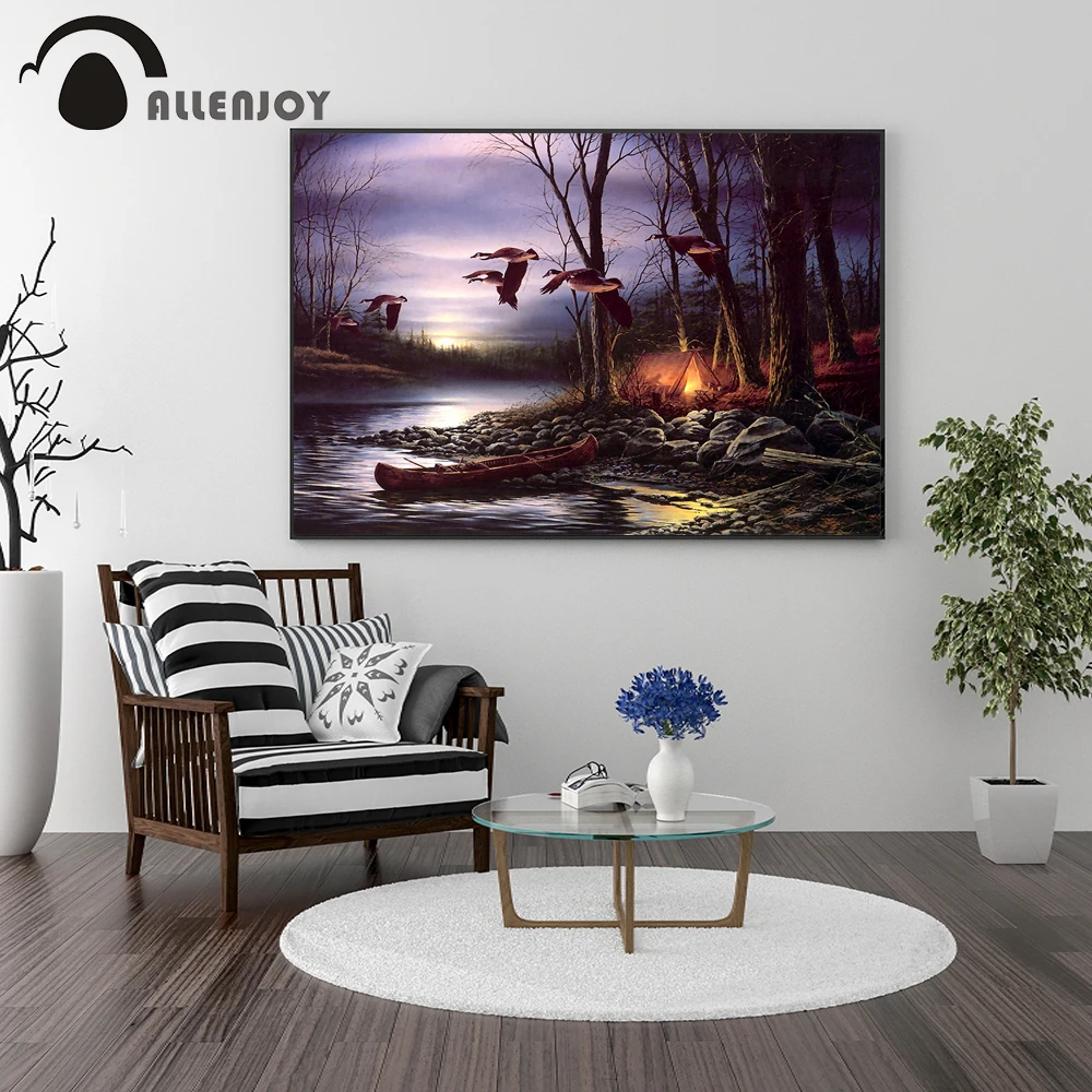 Allenjoy Scandinavian Landscape Posters Night Lake Flying Bird Forest Trees Tent Pictures Vintage Living Room Print Paingtings | Дом и сад