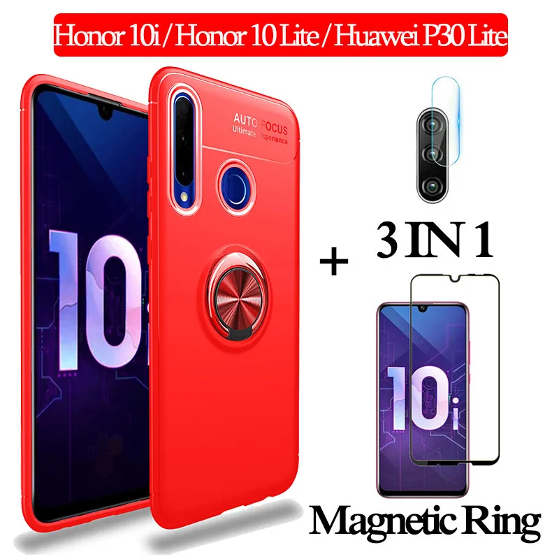 3-в-1 стекло+ магнитом Силиконовое чехол хонор 10 лайт чехол на Honor 10i 10Lite мягкий чехол на телефона huawei p30lite чехол полное покрытие чехол на хонор 10i чехол honor 10i магнитная кольцом чехол - Цвет: 3-in-1 Red Case