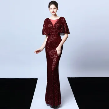 

BGW 2020 Sequined Mermaid Evening Dresses Half Sleeves Backless Pretty Square Neck Damen Abend Kleider Lang