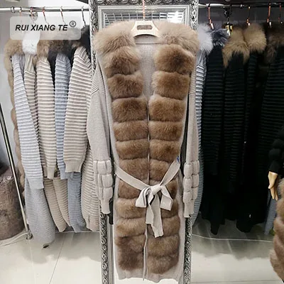 RuiXiangTe/женское пальто из натурального меха; шерстяное вязаное пальто с лисьим воротником; зимняя куртка из натурального Лисьего меха; зимнее длинное пальто - Color: picture color D