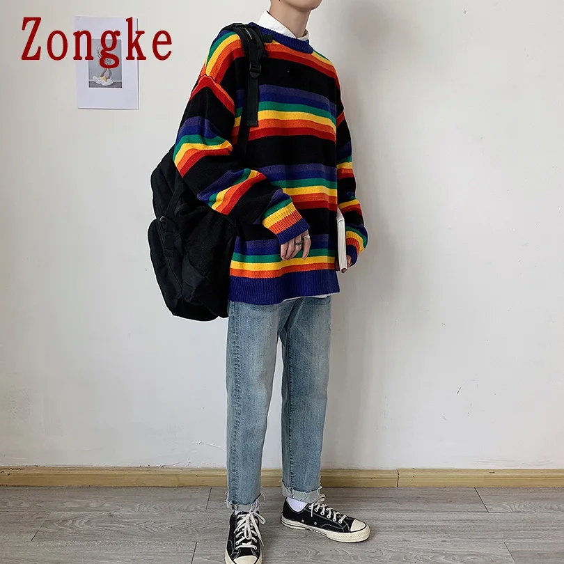Zongke осенне-зимний повседневный мужской свитер в цветную полоску приталенный вязаный пуловер мужской модный мужской свитер теплый M-2XL