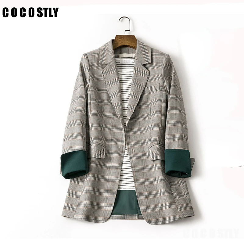 

Vintage Office Lady Plaid Blazer Long Sleeve Casul Loose Autumn Suit Coat Jacket Women blazers Female blazer feminino plus size
