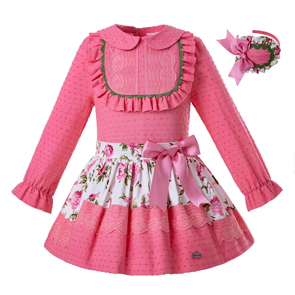 

Cutestyles Spring Pink Flower Girls Princess Clothing Set With Headband Tops+ Floral Dress Party Kid Costume Suit G-DMCS110-B451