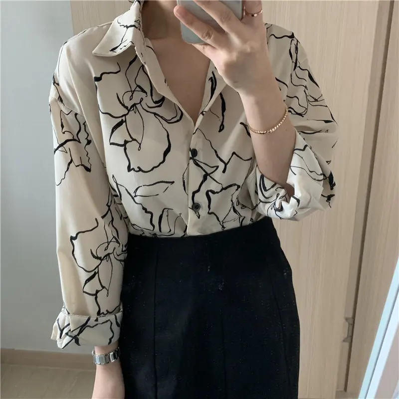 HziriP Hot Sale Sketch Flowers Chic Feminine Casual 2020 Stylish Office Lady Brief Fashion Loose Tops Women Fresh Shirts | Женская