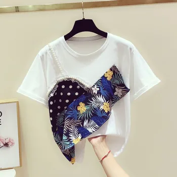 

Tshirt Woman 2020 Spring Summer New Color Ruffle Beaded Panel Round Neck Short Sleeve T-shirt Women's Top Girls Student T-shirts