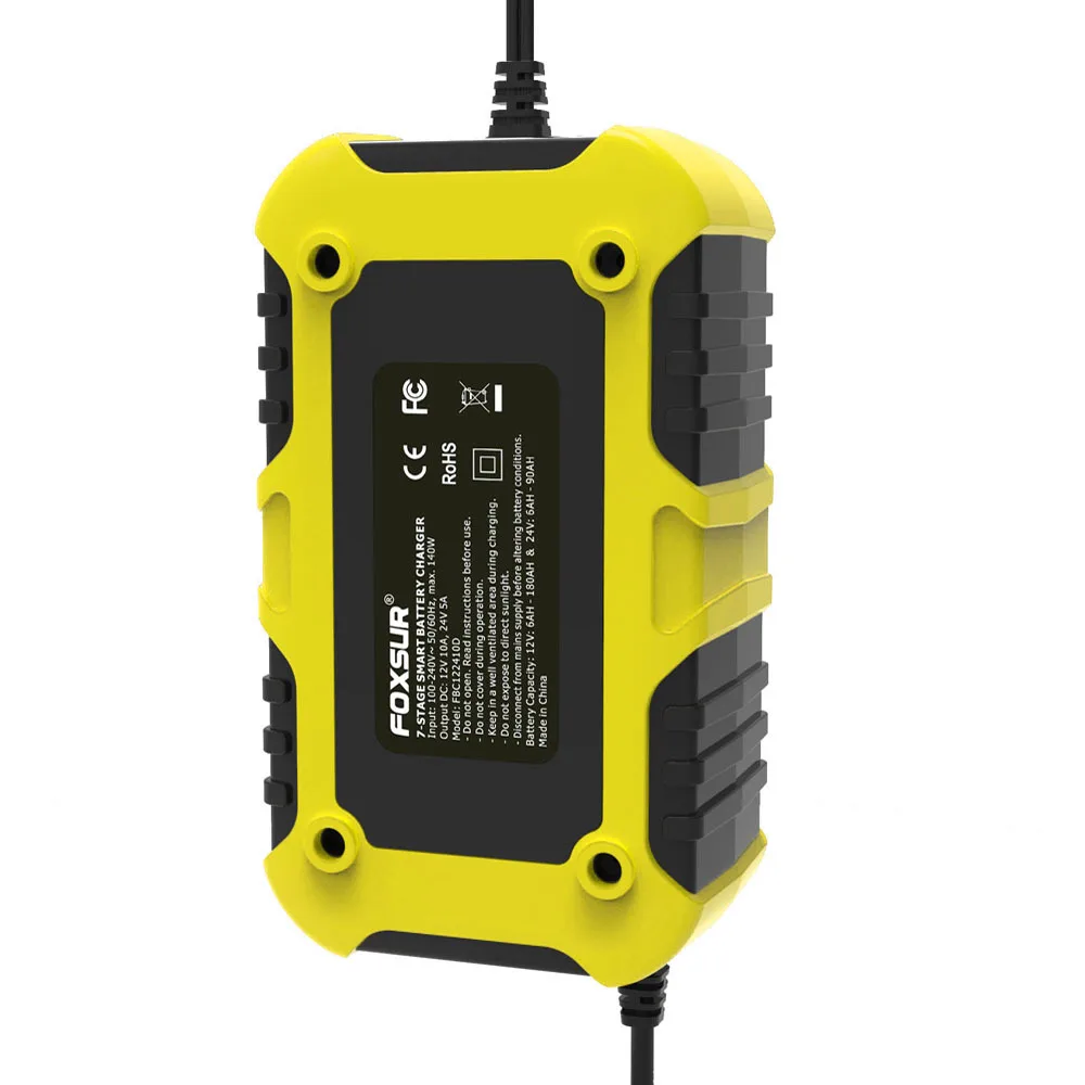 FOXSUR 12V 10A 24V 5A 자동차 오토바이 배터리 충전기 자동 7 단계 납 산성 AGM 젤 지능형 LCD 디스플레이 충전