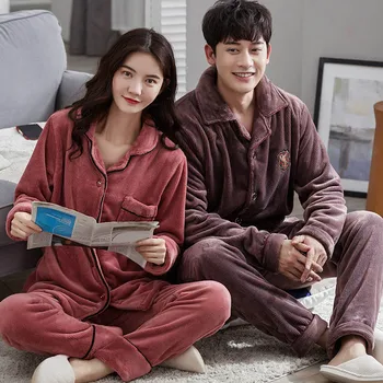 

Unisex Adult Winter Warm Couple Pajamas Winter 2 Pieces Pajamas Set Thickening Fashion Sleepwear Female Home Service Pyjama Suit