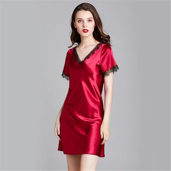 

Nightgown Spring and summer nightdress rayon women's new summer short sleeve nightdress wine red sexy home clothes pijama