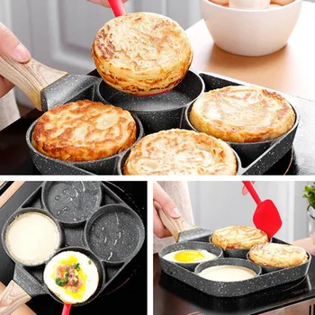 

4 Hole Omelet Pan for Burger Eggs Ham Pancake Maker Wooden Handle Frying Pot Non-stick Cooking Breakfast