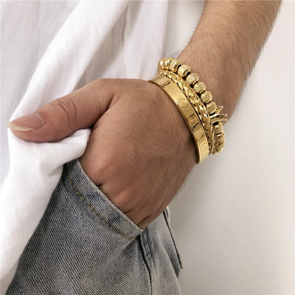 Stainless Steel Bracelet Jewelry Set For Men Luxury Royal King Crown Macrame Roman Couple Gift