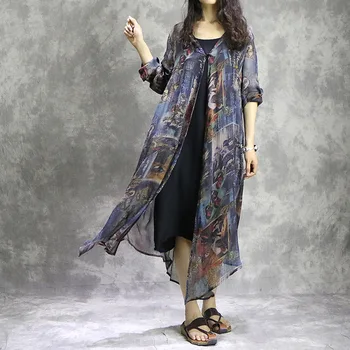 

Chinese Style Vintage Printed Long Cardigan Jacket 2020 Summer Fashion Irregular Hem Female Casual Loose Trench